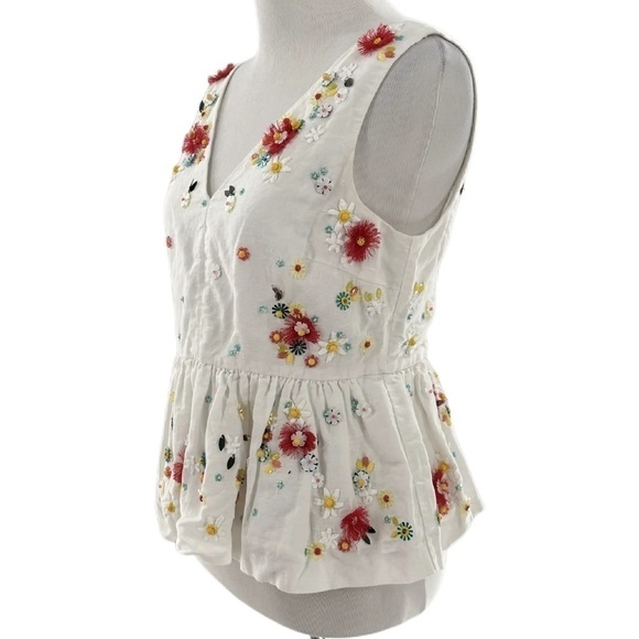 J crew womens top size 4P white 67% linen floral bedazzled embroidered peplum - Picture 4 of 15